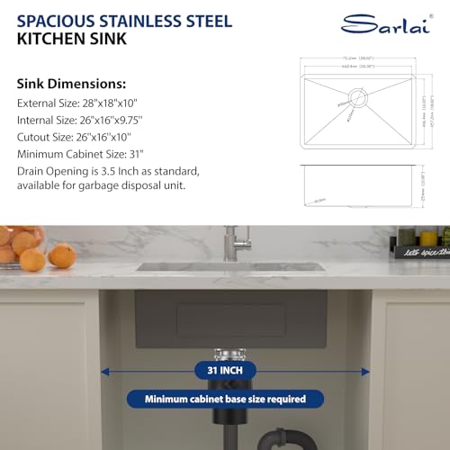 Sarlai 28 Inch Undermount Kitchen Sink - 28" x 18" Undermount Sink Single Bowl Stainless Steel 16 Gauge Kitchen Sink Under Counter Round Corner Basin by Sarlai - Used condition - Image 6