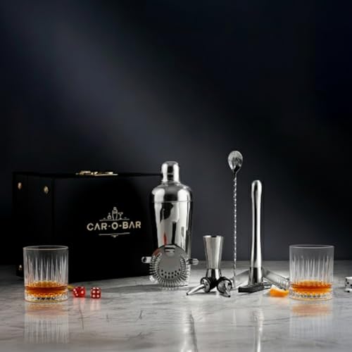 Image of Car-O-Bar Bar kit Gift | Bar Set for Gift - Bartender Kit :Cocktail Shaker, Bar Spoon, Jigger, Muddler, Strainer, Wine & Beer Bottle Opener, 2 Pour Spouts, Ice Tong with 2 Whiskey Glass Gift Set