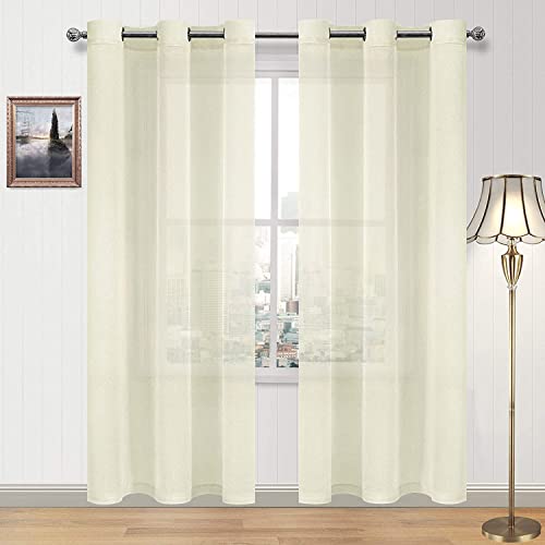 DWCN Ivory Sheer Curtains Linen Look Semi Transparent Voile Grommet Curtains for Living Dining Room Drapes 46 x 84 Inch Long, Set of 2 Panels