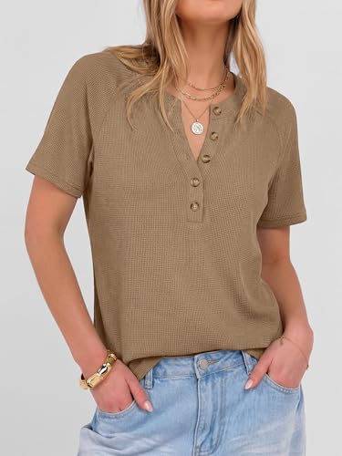 ANRABESS Women Waffle Knit Tops Short Sleeve Henley Shirts Dressy Casual Blouse 2026 Spring Fashion Outfits Trendy Clothes Tan — view 2