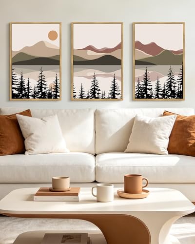 KUVIOKE Watercolor Mountain Landscape Framed Wall Art Laker Tree Boho Nature Artwork Painting Bohemain Farmhouse Rustic Home Decor 16x24in (Natural Framed) — view 4