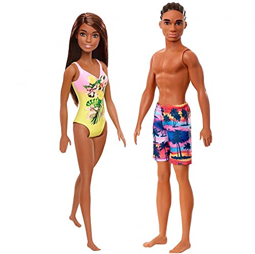 Barbie & Ken Beach Doll Bundle Contains 1 Each Barbie Doll & 1 Each Ken Doll - Dark Skin