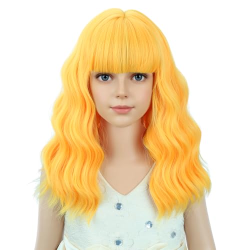 Image of PATTNIUM Yellow Curly Wig for Kids Girls Short Wavy Wigs with Bangs Shoulder Length Wavy Heat Resistant Synthetic Wig