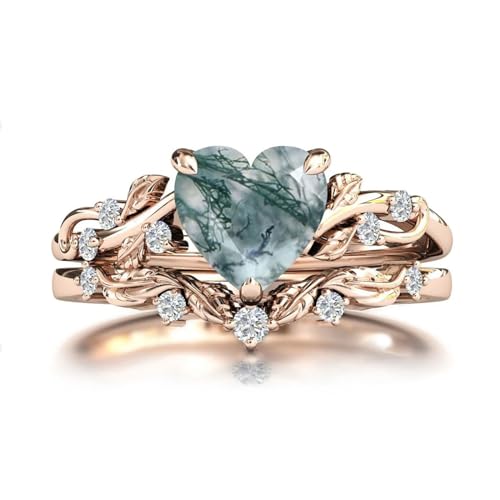 Natural Moss Agate Ring for Women 925 Sterling Silver Green Moss Agate Set Ring for Women Promise Ring Engagement Moss Agate Jewelry for Wedding/Anniversaries/Daily3