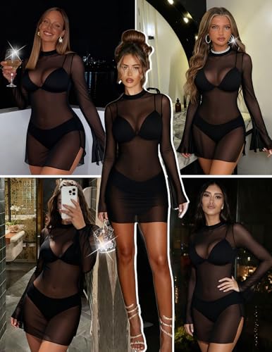 Image of Avidlove Mesh Mini Dresses for Women Bell Sleeves Bodycon Turtle Neck Split Lingerie Dress Vacation Party Outfits Clubwear