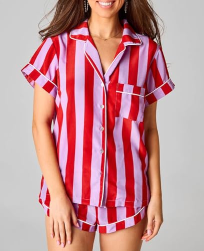 Image of NUFIWI Women 4th of July Outfits American Flag Short Sleeve Shirt Striped Shorts Lounge Set Two Piece Pajama Sleepwear