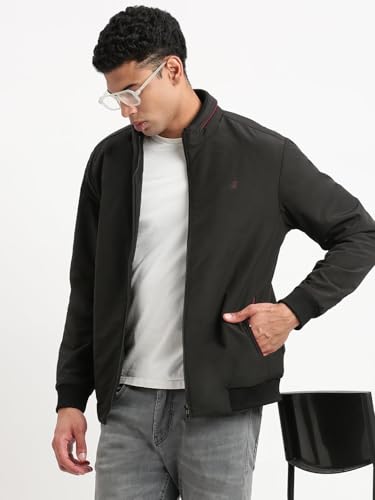 Image of SHOWOFFFF Men Solid Bomber Jacket | Mock Collar Full Sleeves Nylon Jacket for Mens | Slim Fit Regular Length Jacket for Men's