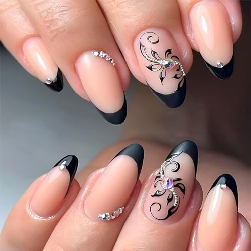 Black French Tip Press on Nails Short Almond Fake Nails