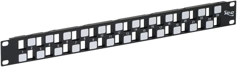 ICC 24 Port Blank Keystone 1U Patch Panel with 19 Metal Rackmount Housing, Staggered Ports to Reduce ANEXT, Works with Wide and Slim Profile Keystone Jacks Sold Separately, UL Listed, IC107BE241