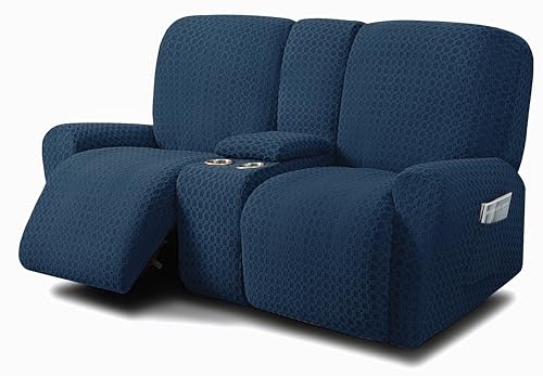 ULTICOR Reclining Love Seat with Middle Console Slipcover, 8-Piece Jacquared Stretch Loveseat Reclining Sofa Covers, 2 seat Loveseat Recliner Cover, Thick, Soft, Washable, (Style 2) (Navy) by ULTICOR - Used condition - US$39.77