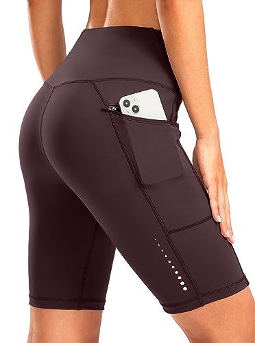 Women's High Waisted Biker Shorts 8" Running Workout Tummy Control Bike Spandex Volleyball Tennis Biking Walking Yoga Shorts Zipper Pockets(Wine,L)