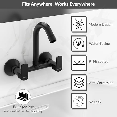 Image of Plantex Sink Mixer Tap for Kitchen with 360 Swivel Spout /Hot and Cold Water Tap with Wall Flange and Teflon Tape /Brass Spindle Sink Tap (Saga-Black)
