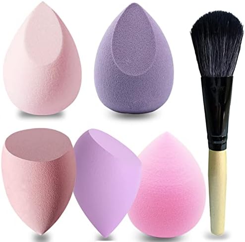 Mocarheri Makeup Sponge Blender 4Pcs & Foundation Brushes 1Pcs, Soft Sponge For Liquid Foundation, Creams and Powders, Latex Free Wet and Dry Makeup Sponges (Pink Series)