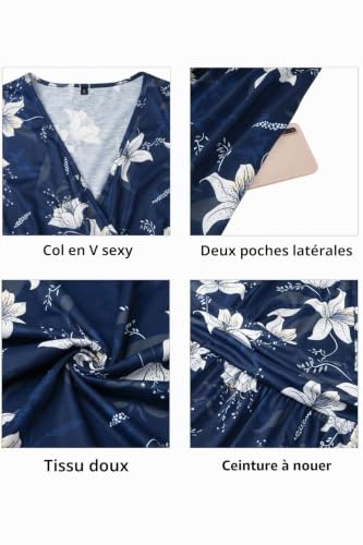 STYLEWORD Robe d'été à Manches Courtes pour Femme Robe d'été à col en V Floral Wrap Taille Robe décontractée avec Poches(Floral23,M) – vue 5