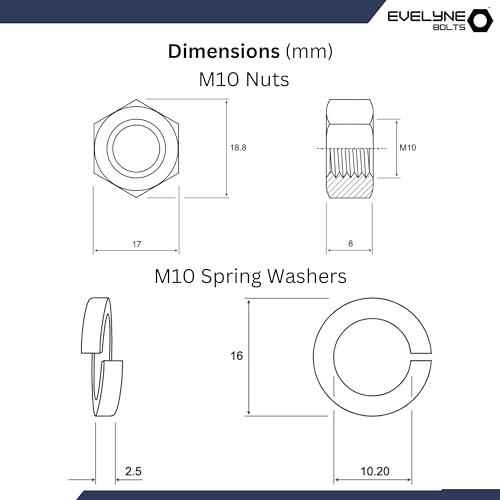 M10 Nut, Bolt & Spring Washer Set - 10 Pack: M10 Bolts, Nuts & Spring Washers, Silver, M10x20 Bolts, M10 Nuts, M10 Spring Washers - Image 3