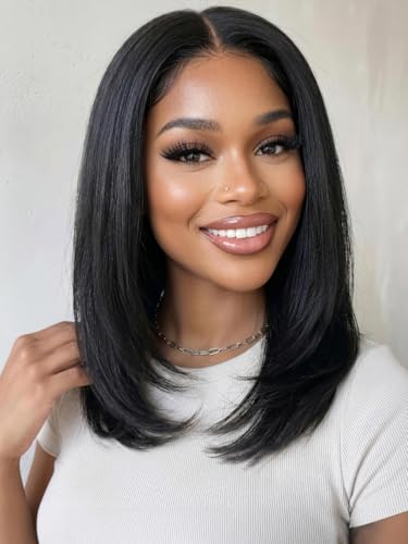 Image of KLAIYI Bye Bye Slip Layer Cut Yaki Straight Bye Bye Knots Bob Wig Human Hair Glueless Drawstring Precut 7x5 Lace Front Wigs Pre Plucked Bleached Ready to Wear and Go Beginners Wig 180% Density 12Inch