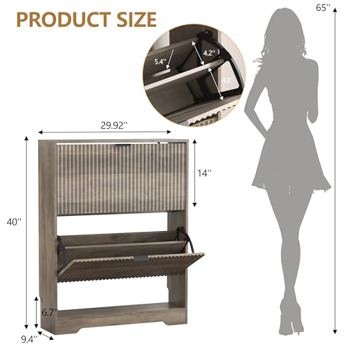 Image of HUANLEGO Shoe Cabinet Storage for Entryway with 2 Flip Drawers, Grey Fluted Shoe Cabinet with Open Storage, Wooden Hidden Shoe Rack Freestanding Narrow Slim Shoes Organizer for Hallway, Entrance