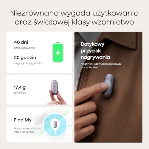 Plaud NotePin S Dyktafon AI z Dotykowym Przyciskiem Rejestrator Głosu AI Transkrypcja i Podsumowanie AI 112 Języków Pamięć 64 GB do Wykładów Spotkań Wywiadów i Zespołówz 4 Akcesoriami