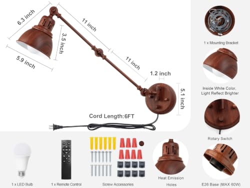 Image of GOODATE 1 Pack Plug in Wall Sconce with Remote, Dimmable, Adjustable Colors, Swing Arm Wall Lamp, Plug in Wall Light with Timer & Night Light (Walnut Finish, with Bulb+Remote)
