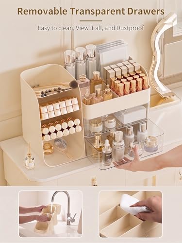 Image of Booklov Small Makeup Organizer for Vanity and Bathroom Countertop, Cream | Clear Acrylic Cosmetic Display Case, Beauty Brush Holder for Dresser Counter Skincare Eyeshadow Lipstick Perfume Storage