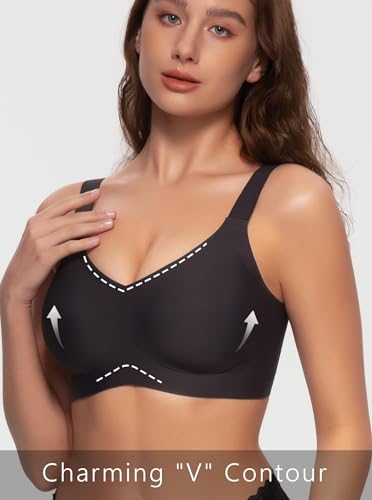 Angelhood V Neck Seamless Bra for Women, Wireless Full-Coverage Everyday Comfort Soft Support With Extender, Black, Large
