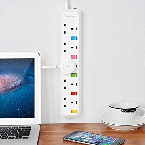Mscien 3M Extension Lead With Switches 5 Way Surge Protected Extension Lead UK Wall Mount Power Strip With 3 Meter Extension Cord 5 Gang Plug Extension Sockets 2500W/10A