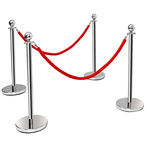 Dreamade 4 Stück Absperrständer Personenleitsystem Edelstahl, Abgrenzungsständer mit Rote Seile 1,5 m, Absperrbänder mit Ständer, Absperrpfosten Absperrung Gurtpfosten, Silber