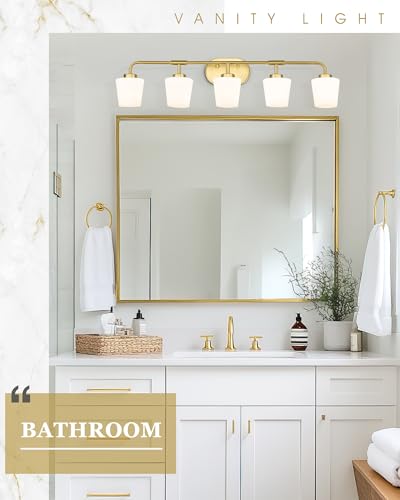 Image of Bathroom Light Fixtures Over Mirror, 5-Light Brushed Gold Vanity Lighting Fixtures with Milk White Glass, 38inch Farmhouse Champagne Bronze Wall Sconces Lighting, AD-22004-5W-GD