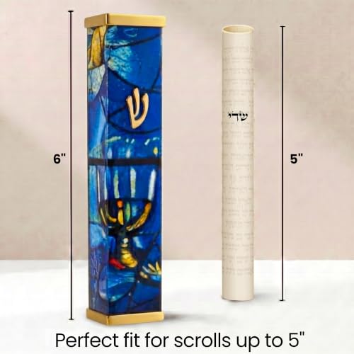 Image of SURI Mezuzah with Scroll for Door | 6 Inch Modern Aluminum Mezuzah Case | Fits 5 Inch Scroll | Gold & Silver Chagall-Inspired Design | Self Adhesive Easy Install | Judaica Jewish Gift