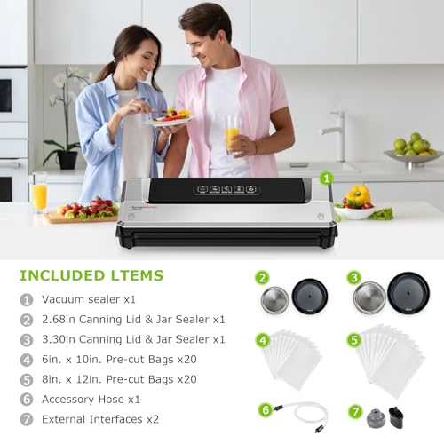 Bonsenkitchen Vacuum Sealer Machine with Mason Jar Sealer Kit | Compact Food Sealer for Kitchen Storage & Meal Prep | Multiple Modes | External Vacuum System & 40 Vacuum Bags, Silver