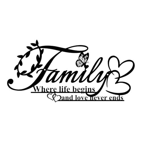 Resama Family Signs Metal Wall Decor Where Life Begins and Love Never Ends Heart Butterflies Wall Sculpture Black Metal Family Decor for Living Room Bedroom Kitchen (Black Small)