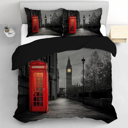 Housse de Couette 240 x 260 Londres Noir Parures de Lit 3D Imprimée Douce Literie Set Ville de Londres Réversible Microfibre Housses de Couettes 2 Personnes...
