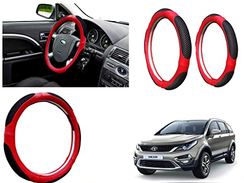 Image of Microfiber Car Steering Wheel Cover, Soft Padding Great Hand Feel, Anti-Slip, Faux Leather Steering Cover for Tata Hexa | Black Red Jali - Pack of 1