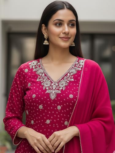 Image of INDO ERA Women's Georgette Floral Embroidered A-Line Kurta & Pant with Dupatta Set
