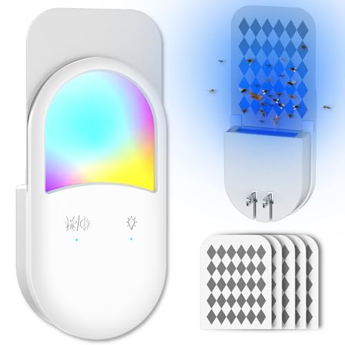 WSDEJY Flying Insect Trap, 2 in 1 Indoor Plug-in Fruit Fly Trap, Touch Mode & Light Sensor Control Mosquito Killer Indoor with UV Light and Colorful Night Light for Home 1 Trap + 5 Glue Cards