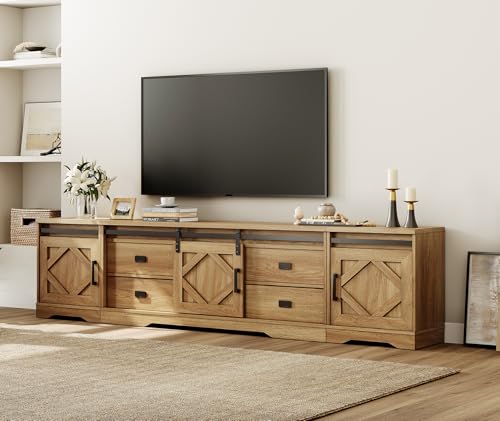 Image of WAMPAT 98.5 inch Wide Large Farmhouse TV Stand w /Drawers & Storage Cabinet