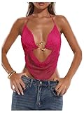 MakeMeChic Women's Crochet Halter Top Tie Open Back Metal Ring Draped Front Y2k Sexy Rave Festival Concert Tops Hot Pink Small