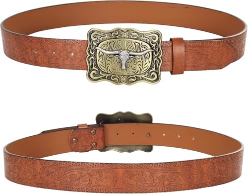 Image of UTOWO Western PU-Leather Cowboy Buckle Belt for Men and Women Jeans Engraved Floral Longhorn Bull Buckle Belt (25-38 inch waist)