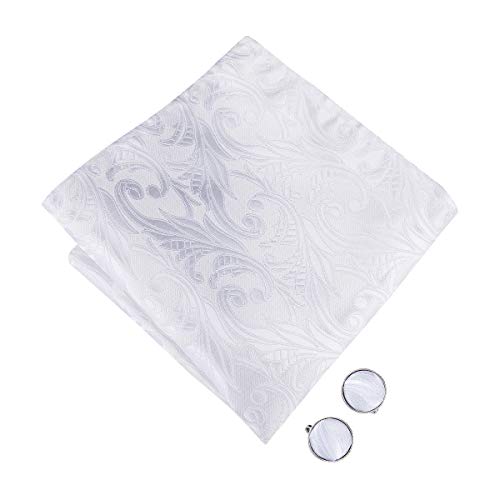 Image of Hi-Tie White Floral Bow Ties for Men Pre-Tied Pocket Square Lapel Pin Cufflinks Mens Bowtie Sets for Wedding Formal Party