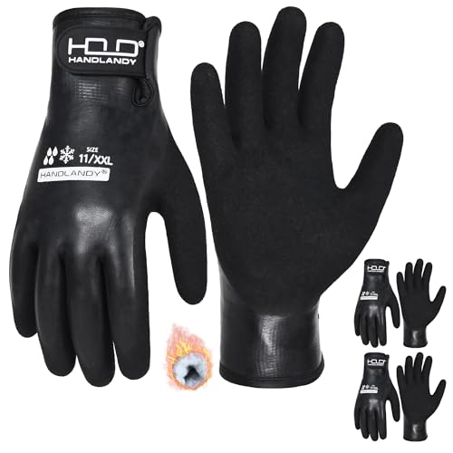 HANDLANDY 2 Pairs Waterproof Work Gloves for Cold Weather, Insulated Winter Freezer Work Gloves with Grip for Men & Women Large Black (2 Pairs)