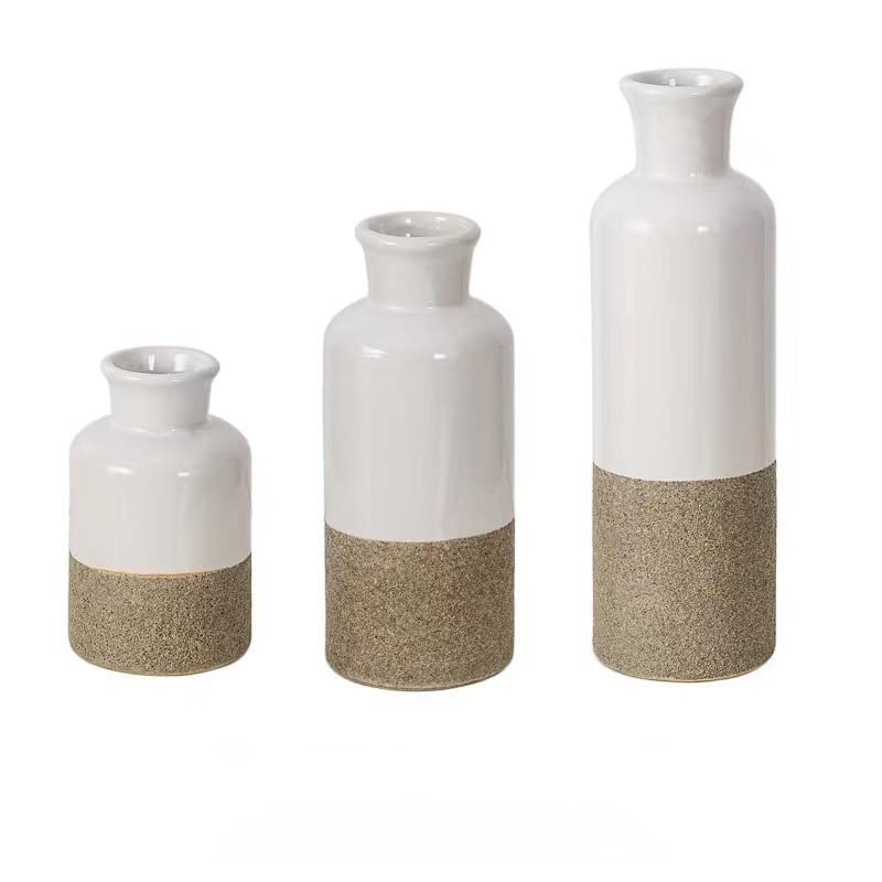 THE WHITE SHOPCeramic Vase Set - 3 Small Vases, Rustic Home Decor, Modern Farmhouses; Ideal Shelf Décor, Table Décor, Bookshelf, Mantle, Entryway（White grey，3）