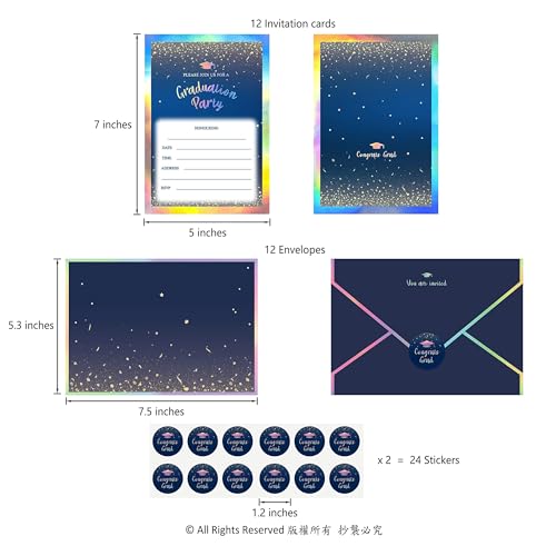 Cheerland 12 Invitation Set Holographic Blue Graduation Invitation Envelopes Stickers Card Royal Blue Grad Invites with Gold Confetti Congrats GRAD Celebration Party Supplies - Thumbnail 2