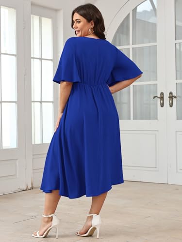 Image of SCOMCHIC Women Plus Size Midi Dresses Wedding Guest Short Sleeve V Neck Tie Waist Casual Summer Flowy A Line Dress