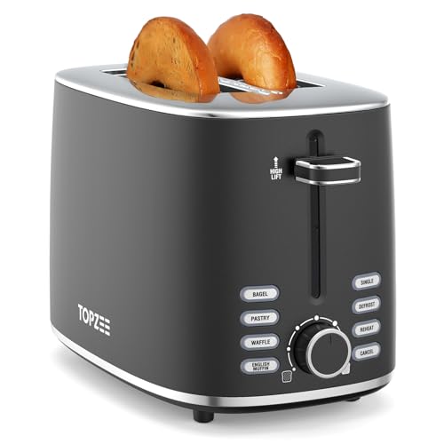 Topzee Toaster 2 Slice, Wide Slot for Toasting Bagel Muffin Waffle Gluten Free Breads, 7 Shade Settings, Defrost & Reheat, Stainless Steel, Easy Clean, Black