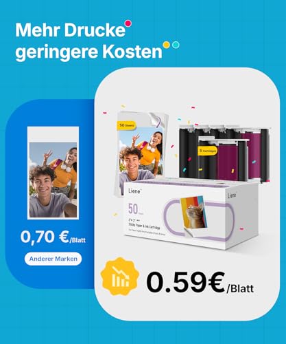 Liene Pearl N200 Pro Tragbarer Mini Fotodrucker mit Farbsublimation – Inkl. 50 selbstklebende Fotos (5x7,6 cm) & 5 Farbbänder, Bluetooth, 300 dpi, Sofortbilddrucker für iPhone & Android, Akku, in Gold