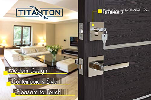 TITANTON 1701 - Door Handle Door Knobs Door Lever - Interior Door Handles - Modern Installation Kit Pack Set in Satin Nickel - Polished Chrome Finish - Passage No Lock