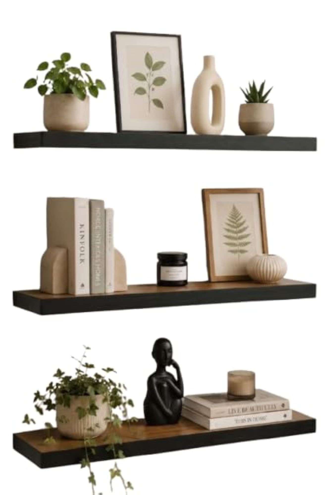 3 Piece Wooden Floating Wall Shelf Set, Teak Finish