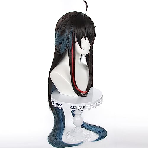 Image of Anime Black Blue mixed Red Wigs Men Long Straight Wig with Ahoge Bangs Layered Haircut Adult Game Dragon Lunae Cosplay Wigs Halloween,Christmas,Comic con,Game Show,Party