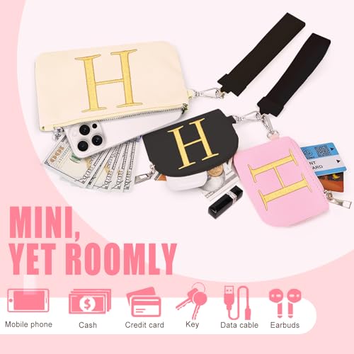 Mini Zip Around Keychain Wristlet Wallets for Women and Girls: Three Coin Purses with 2 Straps - Best Gifts for Birthdays, Christmas, Wedding Parties, Valentine's Day, New Year (H, Black&Pink&Cream) — view 3