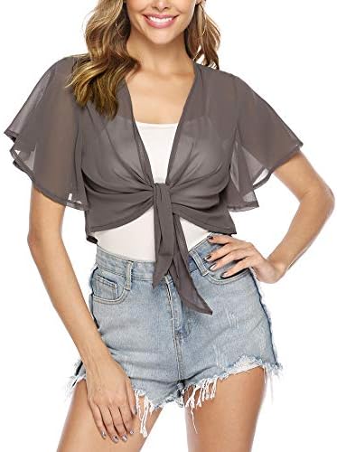 iClosam Women Tie Front Chiffon Shrug Short Sleeve Cropped Sheer Bolero Shrug Cardigan (Dark Grey, Small)